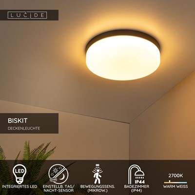 Lucide BISKIT - Deckenleuchte Badezimmer - Ø 34,5 cm - LED - 1x24W 2700K - IP44 - Bewegungssensor - Schwarz